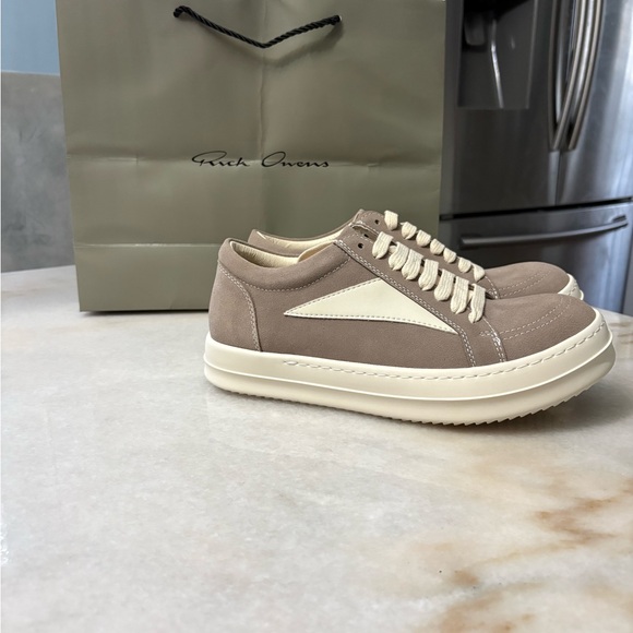 Rick Owens Men’s Taupe Suede Low-Top Sneakers with Cream Panels
